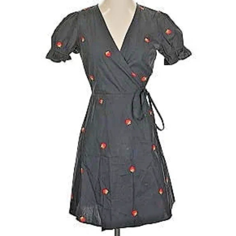 Never Fully Dressed Size Medium Strawberry Embroidered Wrap Mini‎ Dress Black